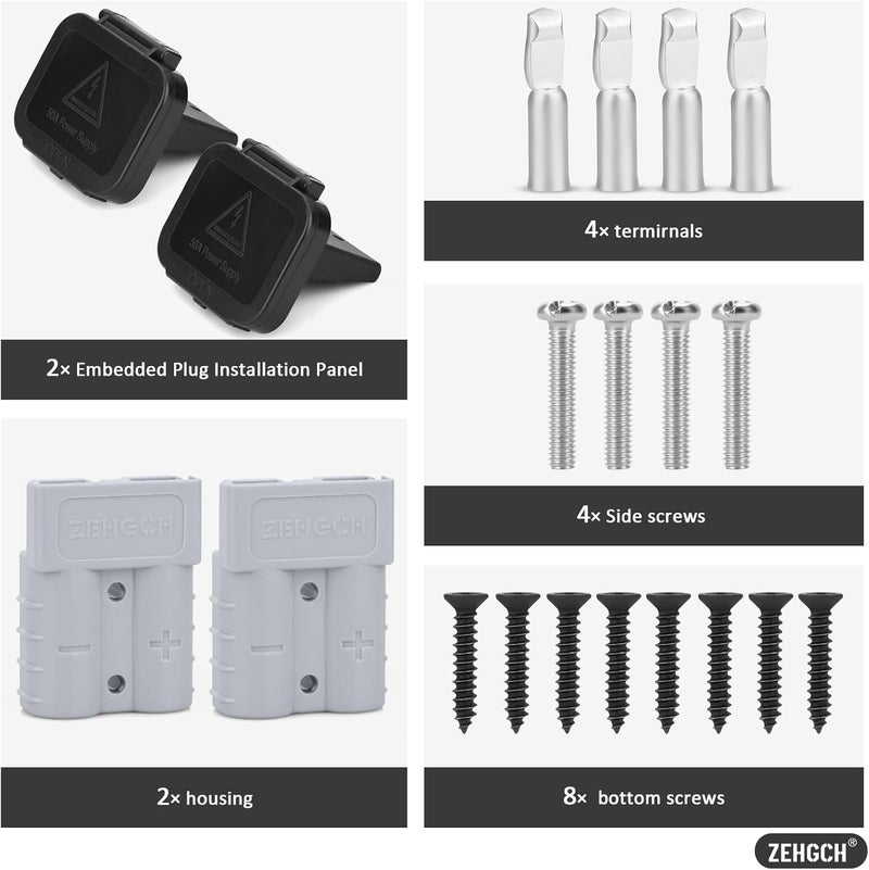ZEHGCH 2PCS 12-36V Battery Quick Connect/Disconnect Electrical Connector Plug Kit with Flush Mount Dust Cover (Grey,50A 6AWG) - Image 4